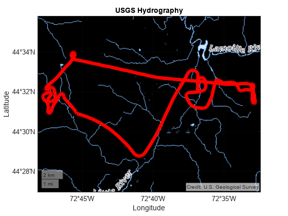 Figure contains an axes object with type geoaxes. The geoaxes object contains an object of type line.