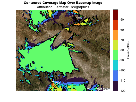 Figure contains an axes object. The axes object with title Contoured Coverage Map Over Basemap Image contains 4 objects of type image, contour, text.