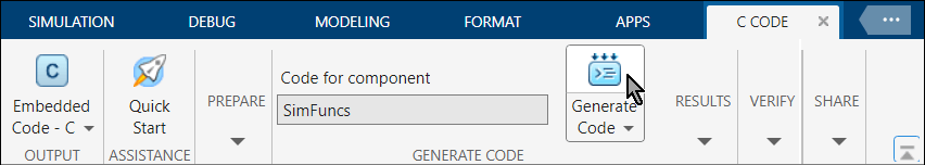 C Code tab is selected in the Simulink Editor Toolstrip, and the mouse arrow is clicking the Generate Code button.