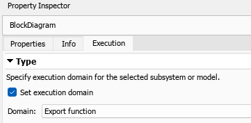 The model domain is specified as Export function under the Execution tab of the Property Inspector.
