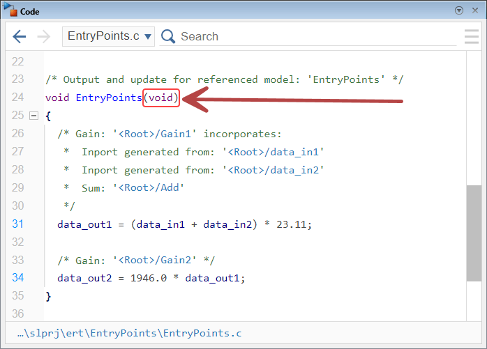 Code pane showing the definition of the void-void function EntryPoints_step.