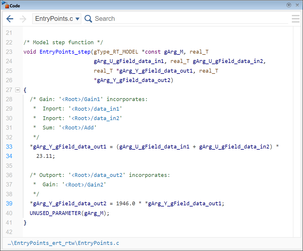 Code pane showing the definition of the function EntryPoints_step in the source code file EntryPoints.c.