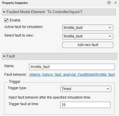 The Property Inspector displays the properties for the fault, throttle fault. The Trigger type property is set to Timed, and the Trigger fault at time property is set to 25.