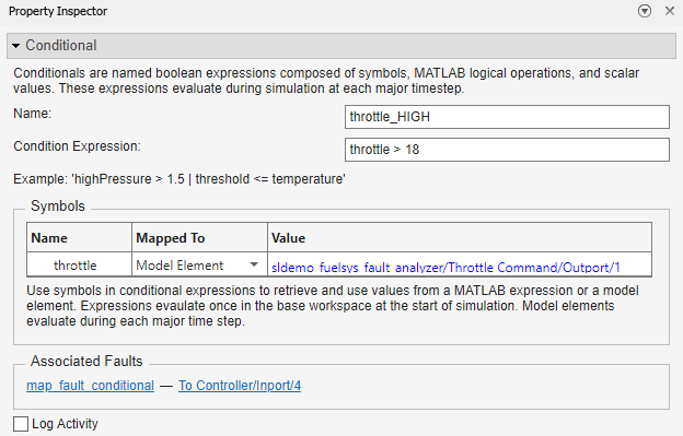 The conditional properties in the Property Inspector. The conditional is assigned to the output of the throttle.