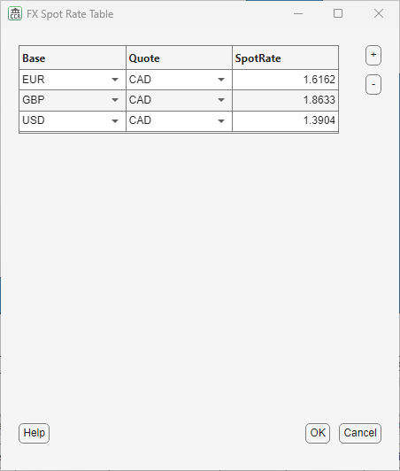 FX Spot Rate Table of SA-CCR Analyzer app with conversions from EUR, GBP, and USD to CAD