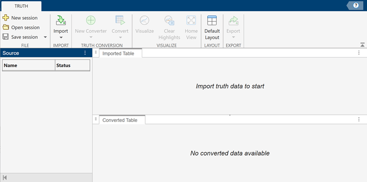 Tracking Data Importer app with empty Source pane and tables