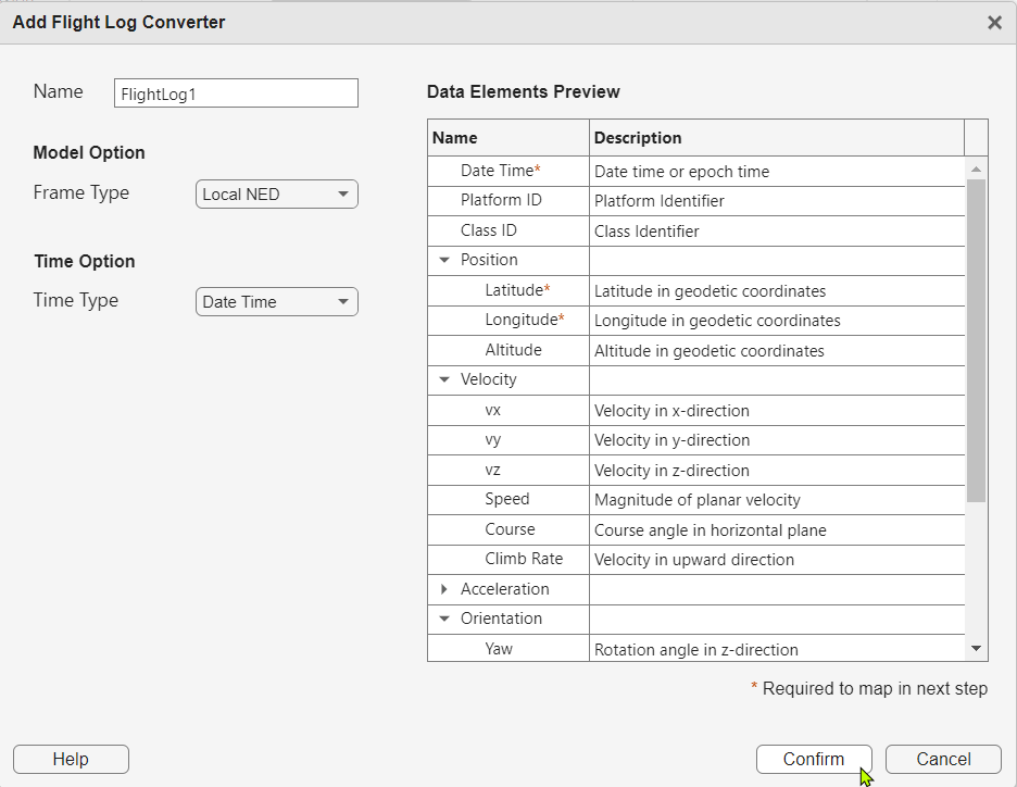 Flight Log converter definition dialog with data elements preview