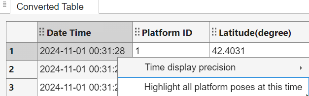 Converted Table context menu with time display precision and highlight options