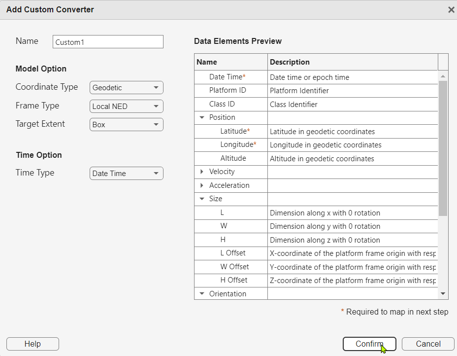 Custom converter definition dialog with Box target extent showing Size elements