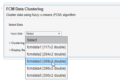 FCM Data Clustering task showing the Input data drop-down expanded and the pointer over the third entry, fcmdata3.