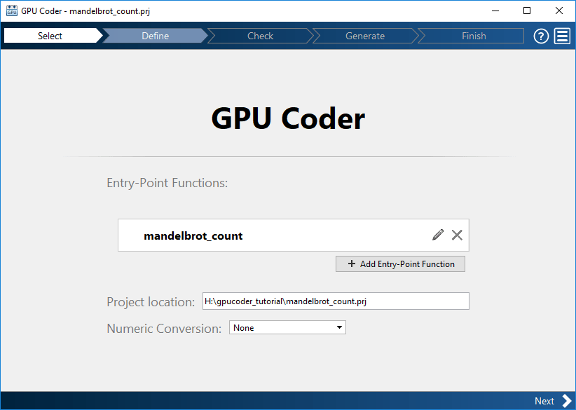 The GPU Coder App Select screen with mandelbrot_count selected.