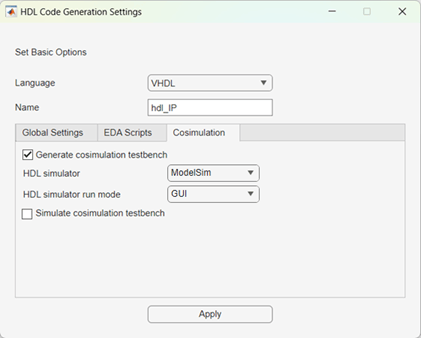 HDL Code Generation Settings window showing Cosimulation parameters