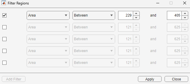 In the Image Region Analyzer app, the filtered binary image has only regions with areas between 229 and 405 pixels, as specified by the Filter Regions dialog box.