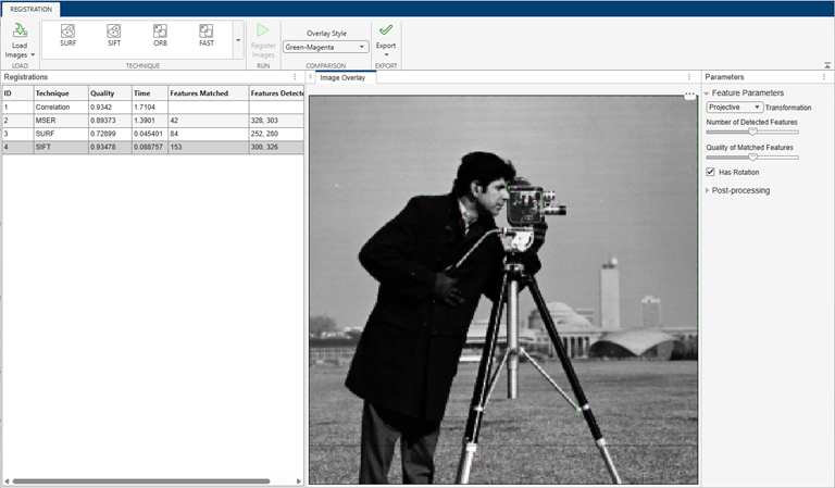 Registration Estimator app with the results of the SIFT trial using default parameters. The quality score of this trial is 0.93478.