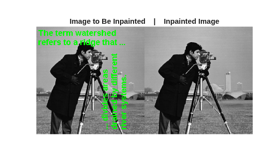 Figure contains an axes object. The hidden axes object with title Image to Be Inpainted | Inpainted Image contains an object of type image.