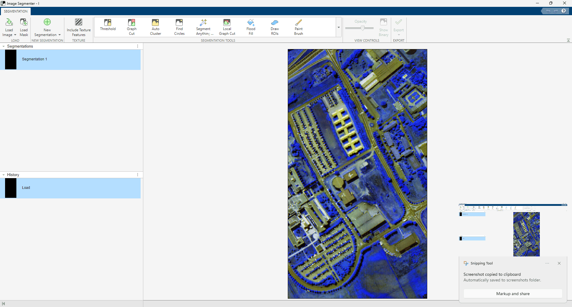 Three-channel version of hyperspectral image loaded in Image Segmenter app.