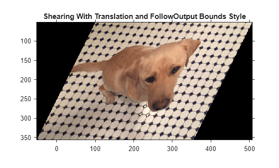 Figure contains an axes object. The axes object with title Shearing With Translation and FollowOutput Bounds Style contains an object of type image.