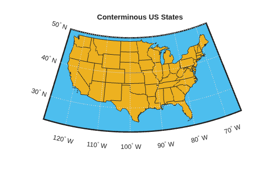 Figure contains an axes object. The hidden axes object with title Conterminous US States contains 61 objects of type patch, line, text.