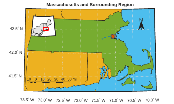 Figure contains 2 axes objects. Hidden axes object 1 with title Massachusetts and Surrounding Region contains 54 objects of type patch, line, text, surface. One or more of the lines displays its values using only markers Hidden axes object 2 contains 17 objects of type patch.