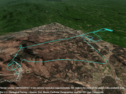 A 3-D line plotted over a region with terrain imagery