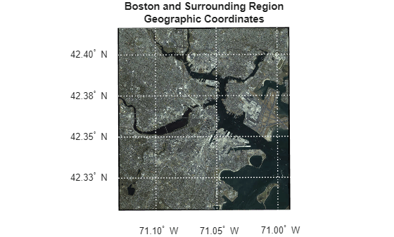 Figure contains an axes object. The hidden axes object with title Boston and Surrounding Region Geographic Coordinates contains 10 objects of type surface, line, text.