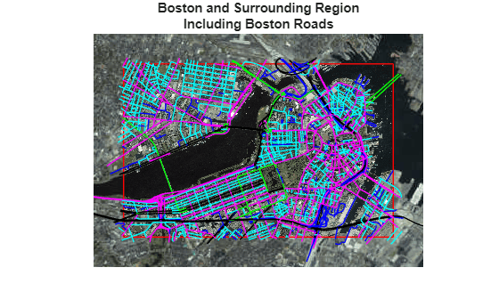 Figure contains an axes object. The hidden axes object with title Boston and Surrounding Region Including Boston Roads contains 2806 objects of type line, patch, surface, image, text.