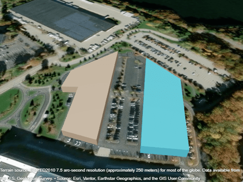 A tan building and a blue building displayed over satellite imagery