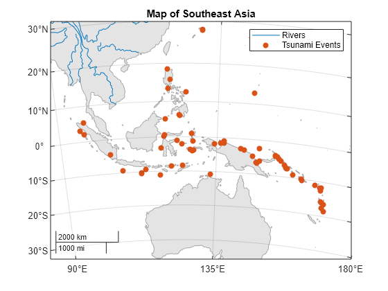 Figure contains an axes object with type mapaxes. The mapaxes object contains 2 objects of type line, scatter. These objects represent Rivers, Tsunami Events.