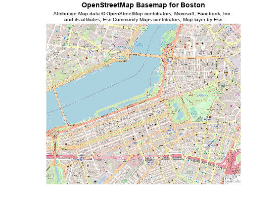 Figure contains an axes object. The axes object with title OpenStreetMap Basemap for Boston contains an object of type image.