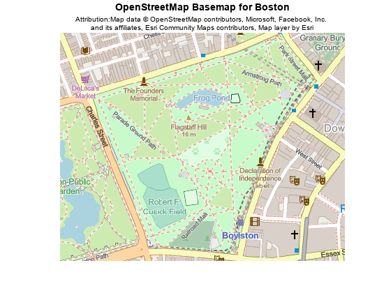 Figure contains an axes object. The axes object with title OpenStreetMap Basemap for Boston contains an object of type image.