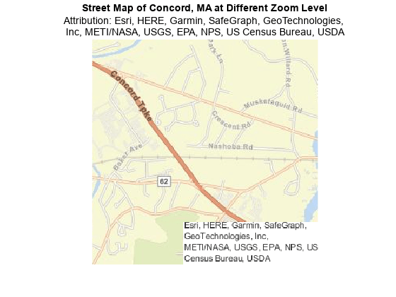 Figure contains an axes object. The axes object with title Street Map of Concord, MA at Different Zoom Level contains an object of type image.