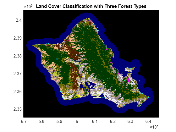 Figure contains an axes object. The axes object with title Land Cover Classification with Three Forest Types contains an object of type image.