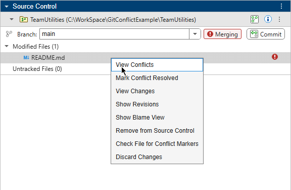 Git repository in the Source Control panel with one file conflict