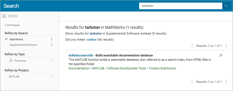 Documentation open in the system browser showing one search result for the term tarboton in the Mathworks documentation