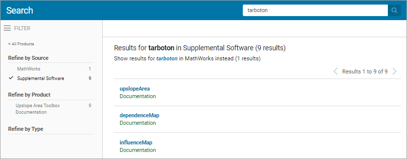 Documentation open in the system browser showing three search results for the term tarboton in the supplemental software documentation