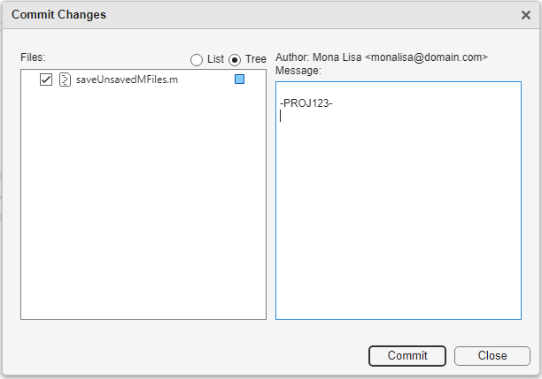 Commit Changes dialog box that includes the list of modified files, a comment field that includes "-PROJ123-", and the Commit and Cancel buttons
