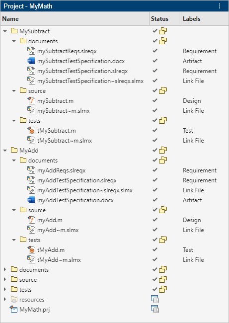The Project panel shows the MyMath project with the MyAdd and MySubtract folders expanded to show the many files that they contain.