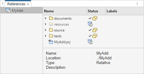 The References tab shows that the MyMath project references the MyAdd project.