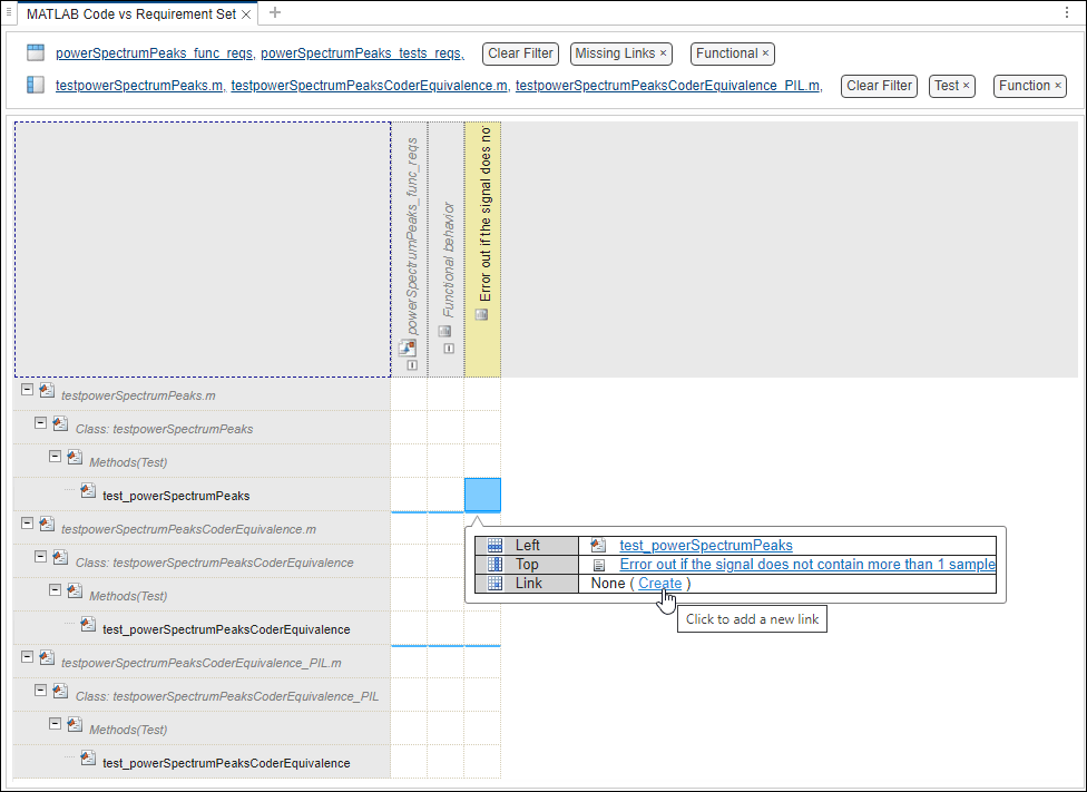 The cell corresponding to the requirement and test is selected, and the mouse points to the Create button