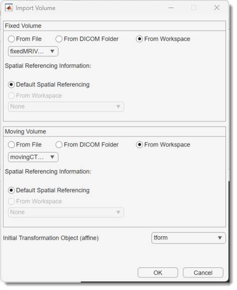 Import Volume dialog box, showing how to specify the fixed and moving volumes as medicalVolume objects in the workspace, and the initial registration as the variable tform