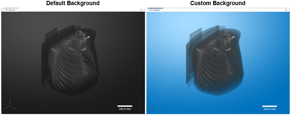 Side-by-side comparison of a 3-D Volume display with the default black background and a custom blue background