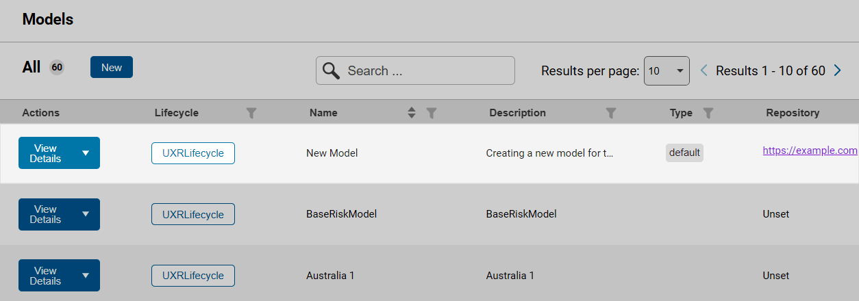 Models page, showing new model