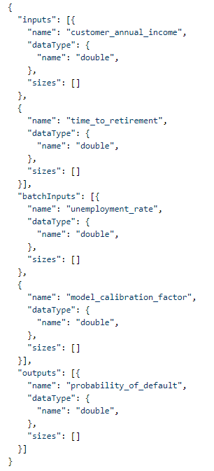 Format for /signature endpoint, which features "inputs", "batchInputs", and "parameters".