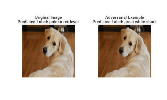 Figure contains 2 axes objects. Hidden axes object 1 with title Original Image Predicted Label: golden retriever contains an object of type image. Hidden axes object 2 with title Adversarial Example Predicted Label: great white shark contains an object of type image.