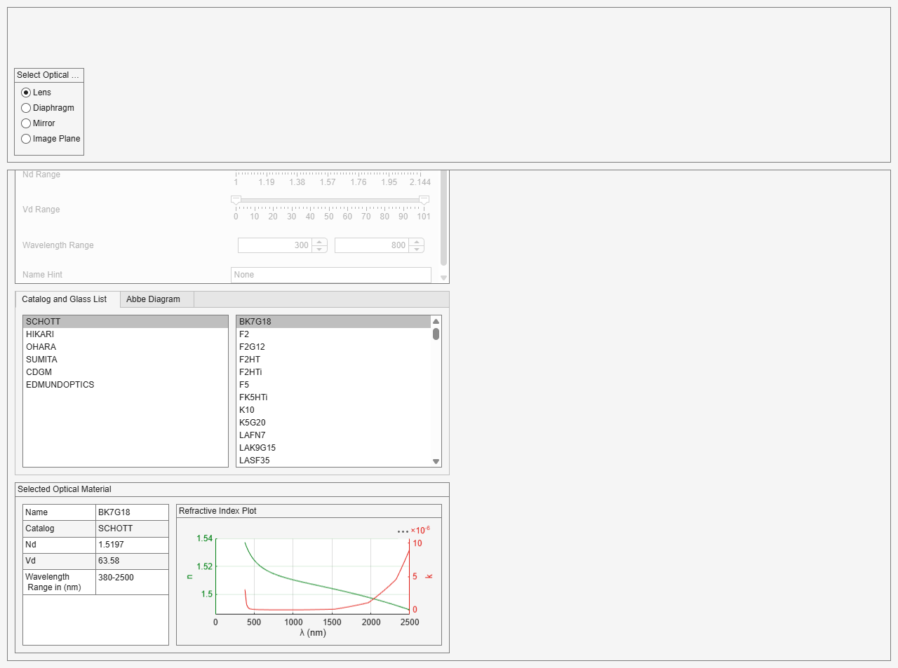 Figure My Optical Design Tool contains an object of type uigridlayout.