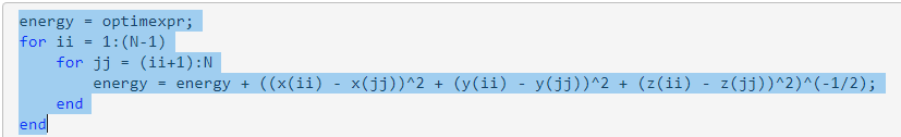 Selected for-loop code in the Live Editor, from energy = optimexpr to the final end statement