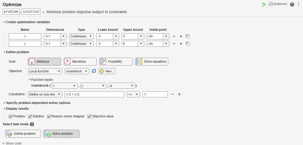 Get Started with Problem-Based Optimize Live Editor Task