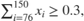 $\sum_{i=76}^{150} x_i \ge 0.3, \qquad$