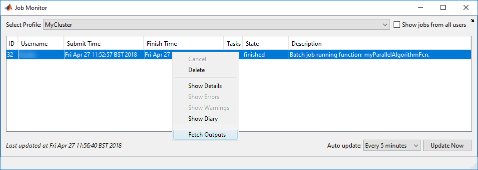 Job monitor shows a job running on MyCluster profile
