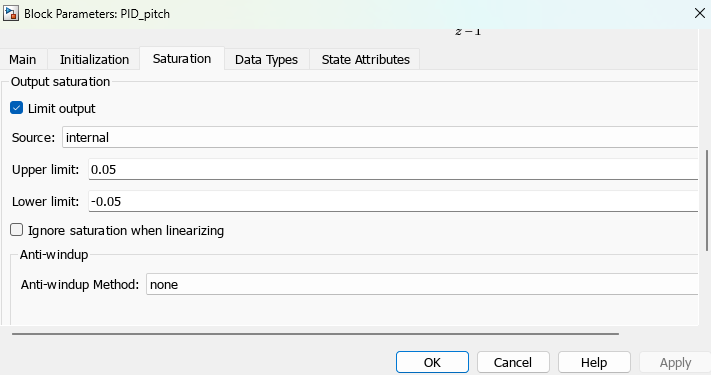 Saturation tab of PID_pitch block mask. Upper limit is 0.05, Lower limit is -0.05.